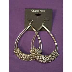 Charles Klein Large Double Teardrop Earrings Popcorn Mesh Wrap Silver Tone, NWT